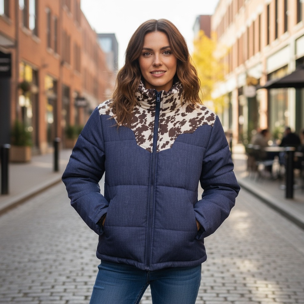 Women's Crazy Train Blue and White Puffer Jacket with Animal Print